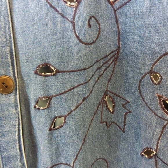 MSAS blue denim long sleeve button front embroidery and laser cutouts duster - Picture 7 of 16